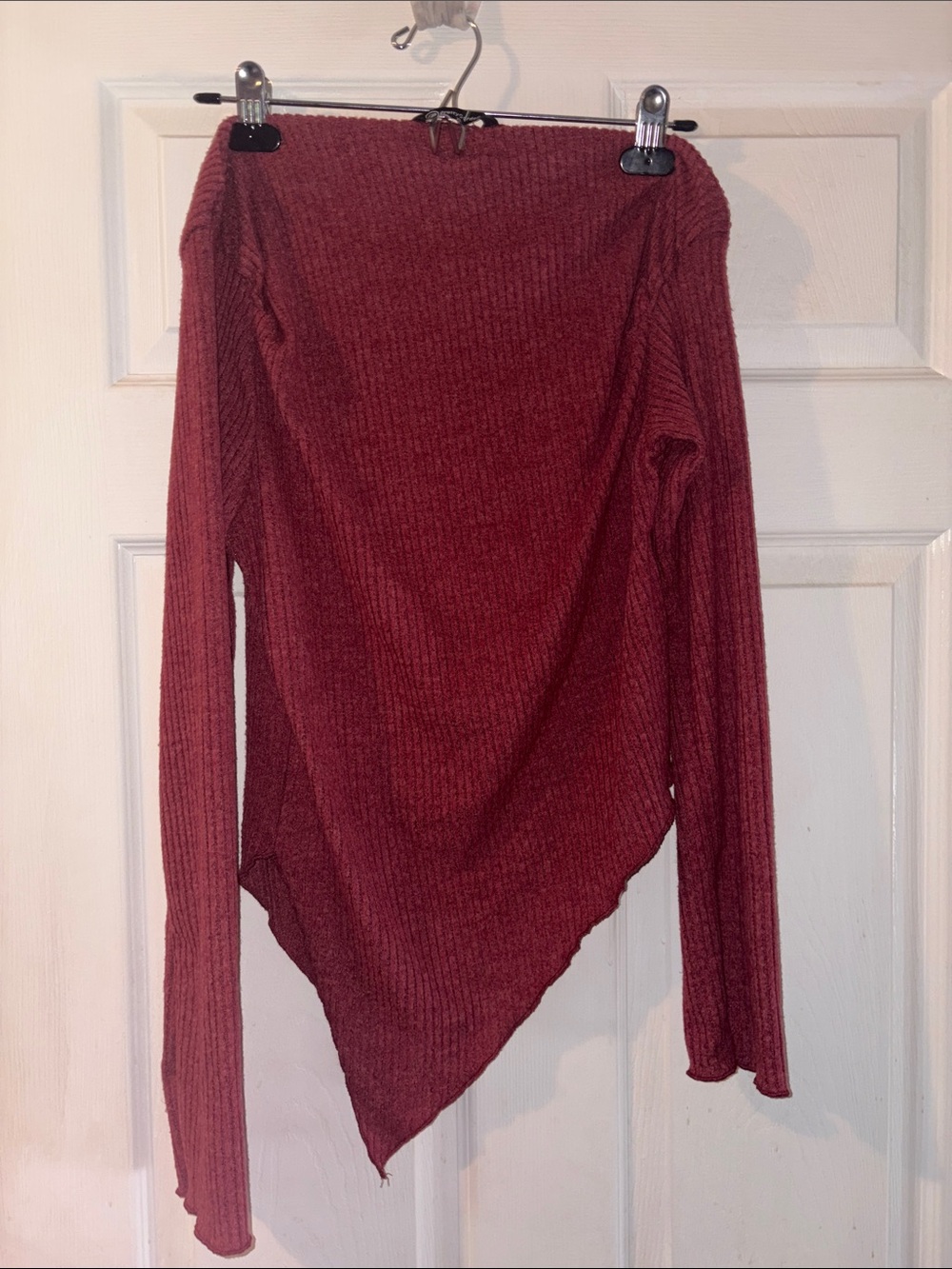 Asymmetric Off-Shoulder Ribbed Sweater - Wine - Picture 5 of 5